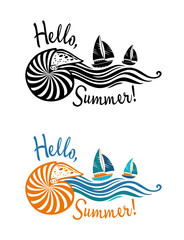 Drawn stylized shellfish nautilus with tentacles in the form of sea waves on which float a yachts. Around icon letter Hello, Summer! Vector, black, colored illustration, logo, isolated on background.