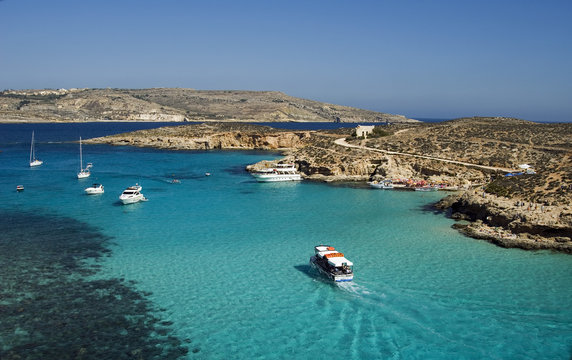 Aerial view of the Blue Lagoon, Comino Island, Malta, Mediterranean