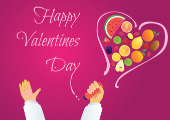 Valentines day romantic background with fruits on pink table.