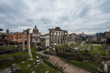 Fototapeta na wymiar Roman forum in a cloudy morning, Rome, Italy
