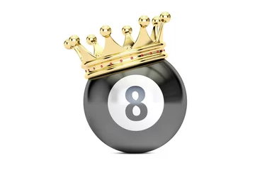 Fototapete Ballsport Billiard black eight ball with golden crown, 3D rendering