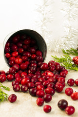 Cranberries in small, silver bucket. Christmas decoration. White background.