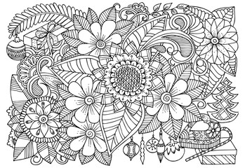 Floral pattern black and white for coloring. Xmas illustration f