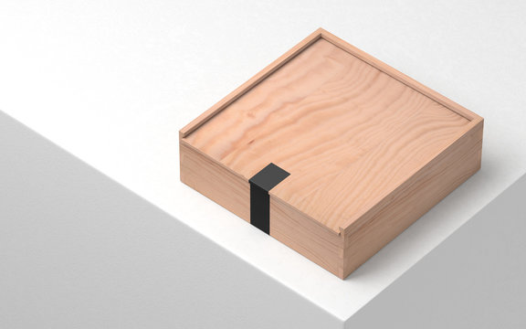 Wooden box caskets with black sticker, plywood. 3d rendering