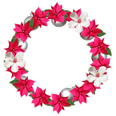 Christmas wreath from poinsettia, hibiscus and silver ball 