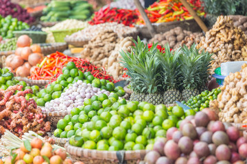 Many fruits and vegetables on a market in Hanoi, Vietnam