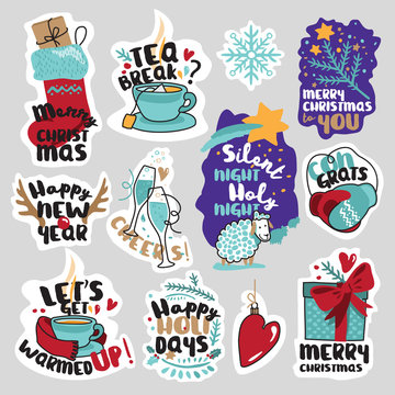 Winter social media stickers set. Isolated seasons vector illustrations for social media communication, networking, website badges, greeting cards.  