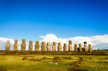 View of platform with 15 Moai on Easter Island in Chile