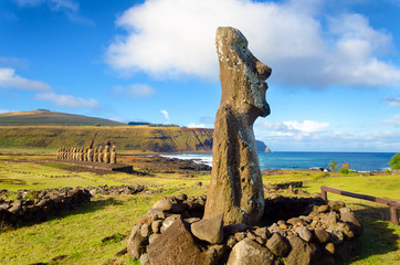 Moai statues on Easter Island at Ahu Tongariki in Chile - obrazy, fototapety, plakaty