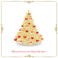 Christmas tree decorated in gold and red colors.