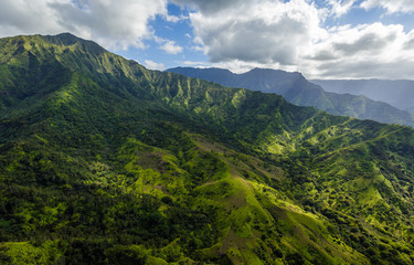 Fototapeta na wymiar Green, vegetated landscape of Kauai, Hawaii. Aerial shot from a helicopter.