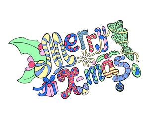 Merry X-mas lettering with doodle ornament vector illustration on white.