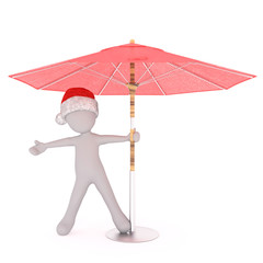 Happy festive 3d man under a beach umbrella