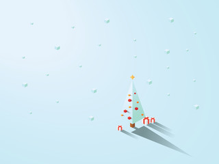 Fototapeta na wymiar Christmas tree in modern minimalistic isometric polygonal geometric style. White background with snowing.