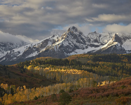 Mears Peak with snow and yellow aspens in the fall, Uncompahgre National Forest, Colorado