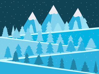 Fototapeta premium Mountain landscape with Christmas trees. Snowy peaks flat design. Vector illustration.