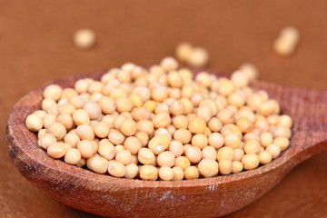 Mustard seeds in a wooden spoon