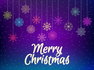 Merry Christmas. Background with multi-colored snowflakes. Hanging Snowflakes. Vector illustration.