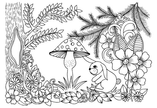 Magical forest in black and white. Floral doodles and bunny unde