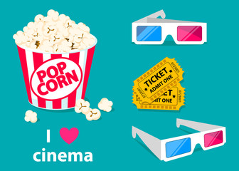 Movie poster template. Popcorn, 3d cinema glasses and tickets isolated on background . Cinema design. Vector illustration.