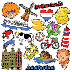 Netherlands Travel Scrapbook Stickers, Patches, Badges for Prints with Clogs, Cheese and Holland Elements. Comic Style Vector Doodle