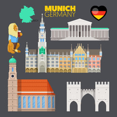 Munich Germany Travel Doodle with Munich Architecture, Lion and Flag. Vector illustration