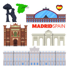Fototapeta premium Madryt Hiszpania Travel Doodle z architekturą Madrytu, bramą Alcala i flagą. Ilustracji wektorowych