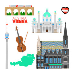 Fototapeta premium Vienna Austria Travel Doodle z architekturą wiedeńską, skrzypcami i flagą. Ilustracji wektorowych