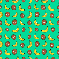Fruits Seamless Vector Background with Funny Bananas and Coconuts
