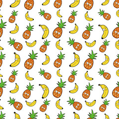 Fruits Seamless Vector Background with Funny Pineapples and Bananas