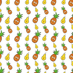 Fruits Seamless Vector Background with Funny Pineapples and Pears