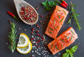 Pieces of raw salmon fish