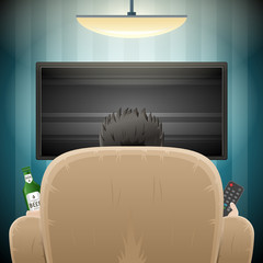 Single man with beer on the couch watching TV, changing channels. Vector Illustration. 