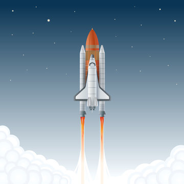 Flying a spaceship in outer space. Vector illustration.