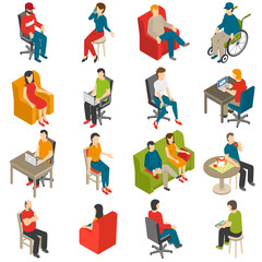 Sitting People Isometric Icon Set