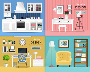 Set of cute and colorful graphic interior design room types with furniture: kitchen, living room, home office. Flat style vector illustration.