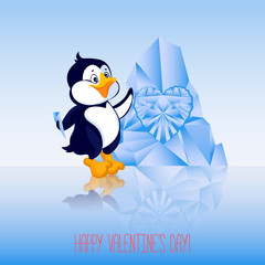 Penguin with embossed heart on the ice and the inscription: happ