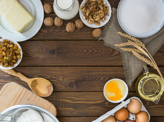 Baking cake in rural kitchen, dough recipe ingredients. copyspace