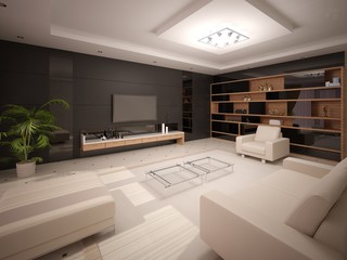 Modern living room with stylish furnishings and fashion background.
