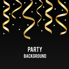 Party, holiday vector background with black backdrop and golden streamers. Birthday, party, christmas, new year banner