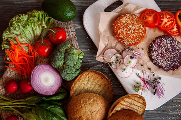 Vegetables and bread rolls for a vegetarian burger