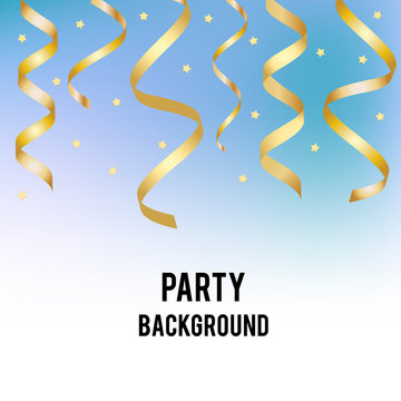 Party, holiday vector background with blue subtle spot and golden streamers. Birthday, party, christmas, new year banner