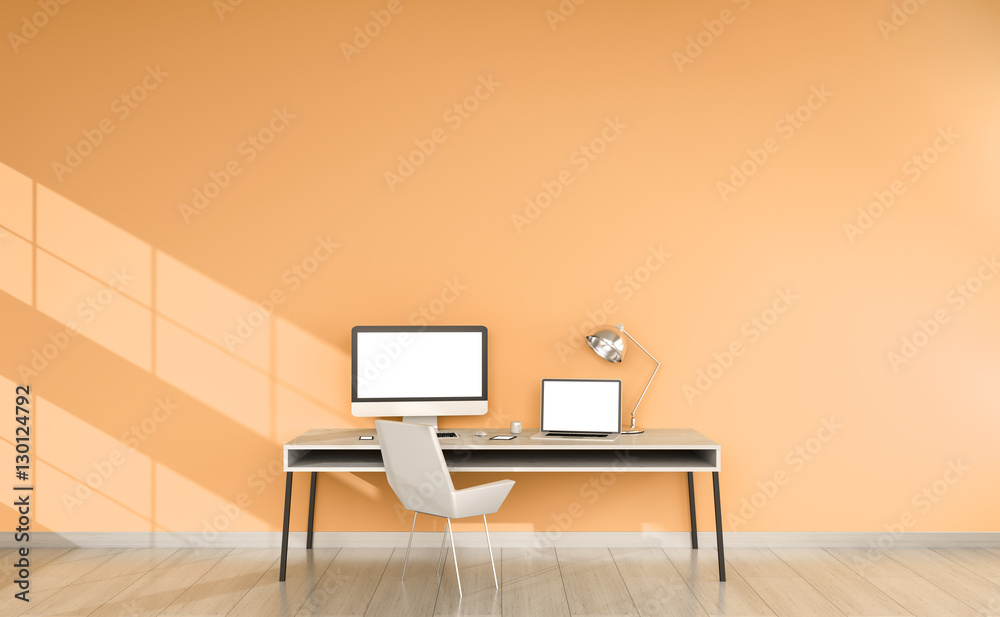 Poster modern orange desktop interior with devices 3d rendering