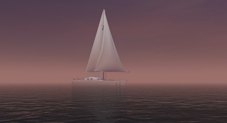 Sailboat At Sea at Sunset or Sunrise In The Fog 3D Rendering