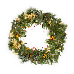 Christmas frame wreath with evergreen fir tree and berries