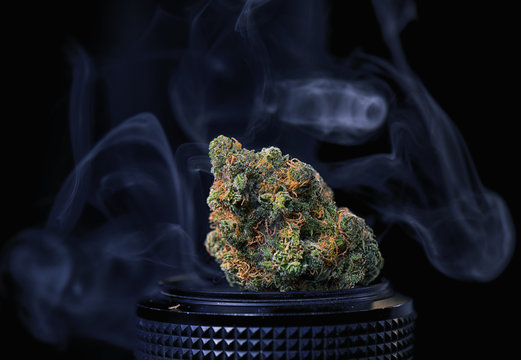 Dried cannabis bud in top of digital camera lens - marijuana pho