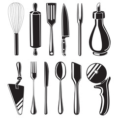 Set of white hand drawn kitchen tools on black background 
