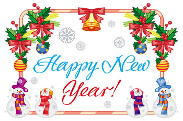 Winter holiday label with snowman and greeting text: 