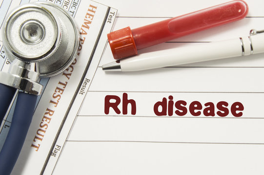 Diagnosis of Rh Disease. Test tubes or bottles for blood, stethoscope and laboratory hematology analysis surrounded by text title of diagnosis of Rh Disease lie in the doctor workplace