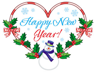 Heart-shaped holiday label with snowman and greeting text: "Happy New Year!".